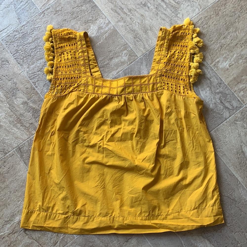 J. Crew- Mustard Yellow Pom-Pom Square Neck Eyelet